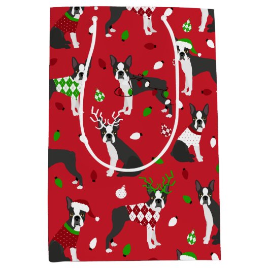 KerstBoston Terrier Medium Gift Bag Medium Cadeauzakje (Voorkant)