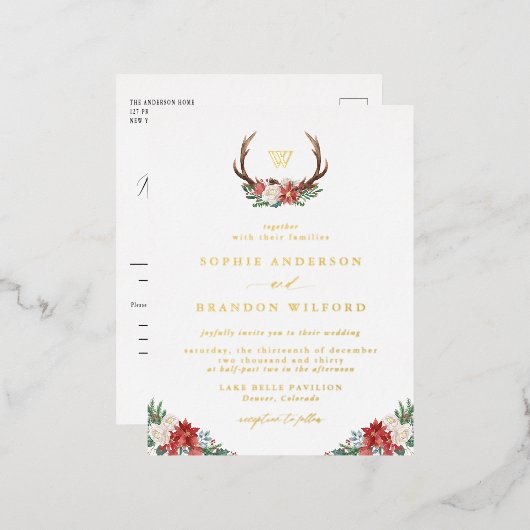 Kerstbotanische Antler Wreath Winter Weddenschap Folie Uitnodiging Briefkaart (Voorkant / Achterkant)