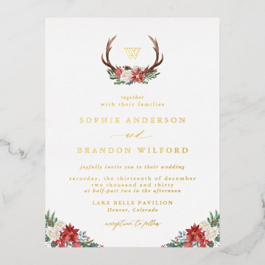 Kerstbotanische Antler Wreath Winter Weddenschap Folie Uitnodiging Briefkaart (Voorkant)