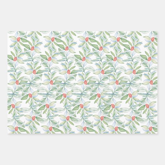 Kerstbotanische bladeren en bessen Waterverf Inpakpapier Vel (Voorkant)