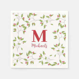 Kerstbotanische feestdag Holly Berries Monogram Servet