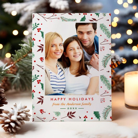 Kerstbotanische Happy Holiday Flat Foto Feestdagenkaart