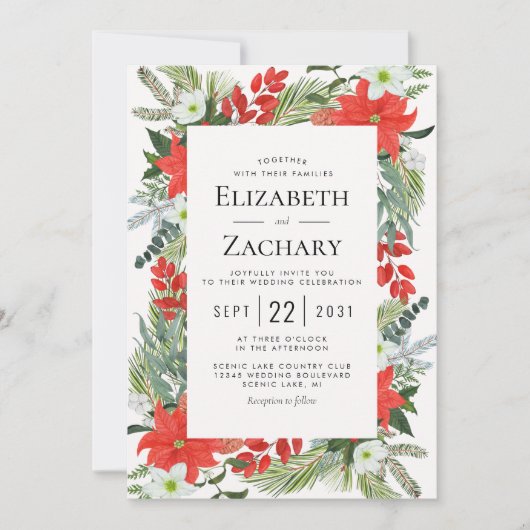 Kerstbotanische rode winterbruiloft uitnodigen kaart (Voorkant)