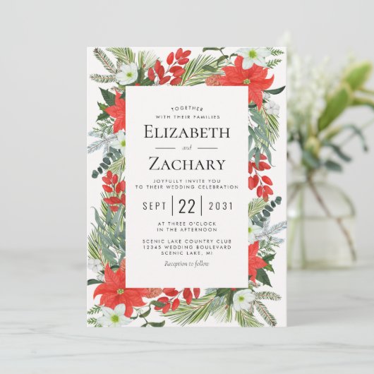 Kerstbotanische rode winterbruiloft uitnodigen kaart (Staand voorkant)