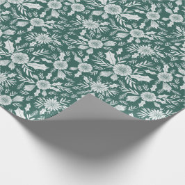 Kerstbotanische Woodcut Green Cadeaupapier