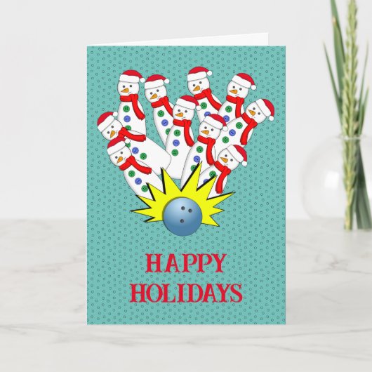 Kerstbowlen Sneeuwmannen... Strike! Kerstkaart Feestdagen Kaart (Voorkant)