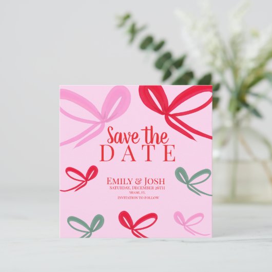 Kerstbows Multicolor Save the Date (Staand voorkant)