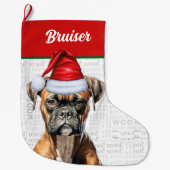 Kerstboxer Dog met naam Wof Background Grote Kerstsok (Voorkant)