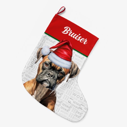 Kerstboxer Dog met naam Wof Background Grote Kerstsok (Voorkant (Hangend))