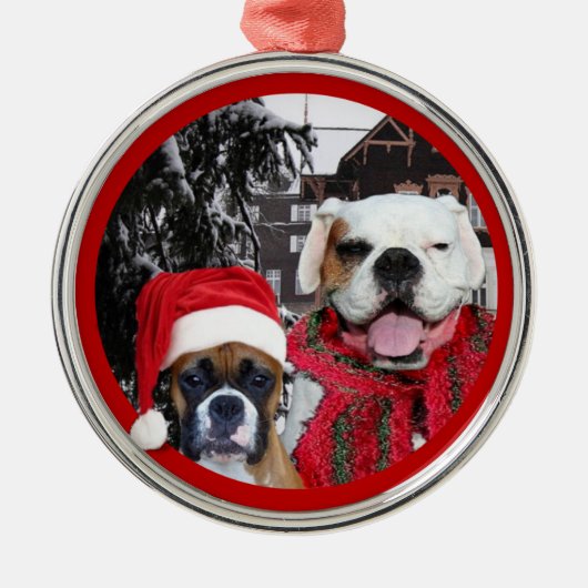 Kerstboxerhonden premiumronde sieraden metalen ornament (Voorkant)