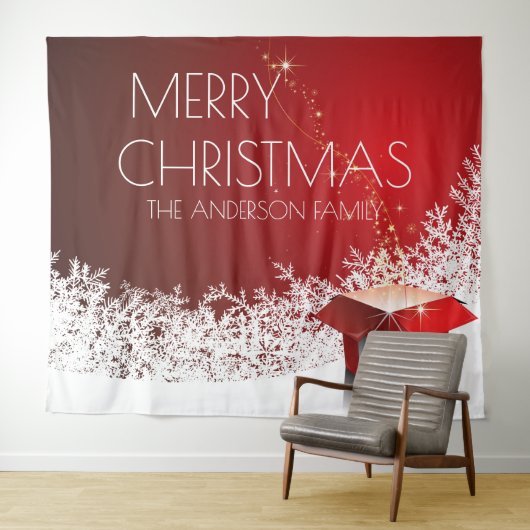 Kerstboxverrassing sneeuwvlokken rode witte banner wandkleed (In Situ (horizontaal))