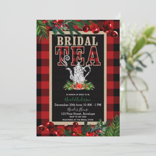 Kerstbridal Tea Party Red Black Buffalo Pset Kaart (Staand voorkant)