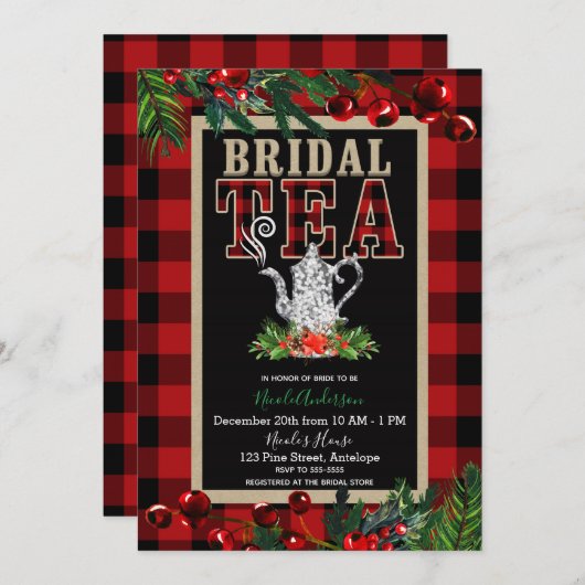 Kerstbridal Tea Party Red Black Buffalo Pset Kaart (Voorkant / Achterkant)
