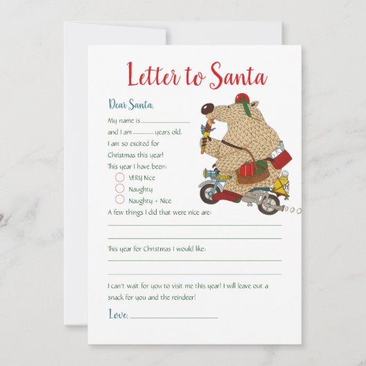 Kerstbrief aan kerstman Beer sjabloon Kaart (Voorkant)