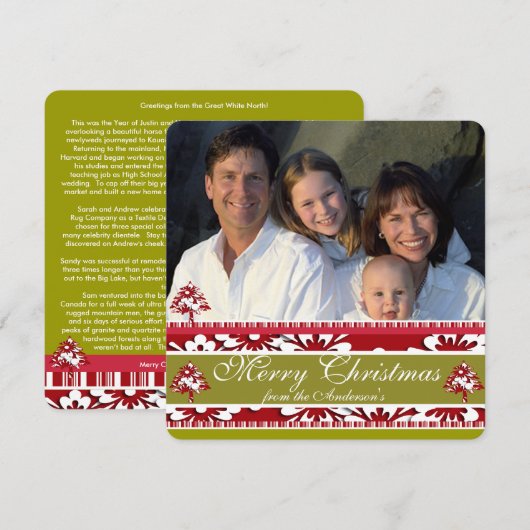 Kerstbrief op achter Damask Boom Vakantie Feestdagenkaart (Voorkant / Achterkant)