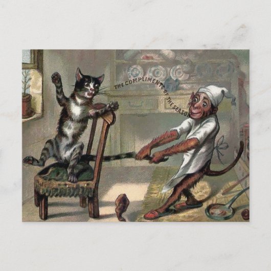 kerstBriefkaart met kat en aap Briefkaart (Voorkant)