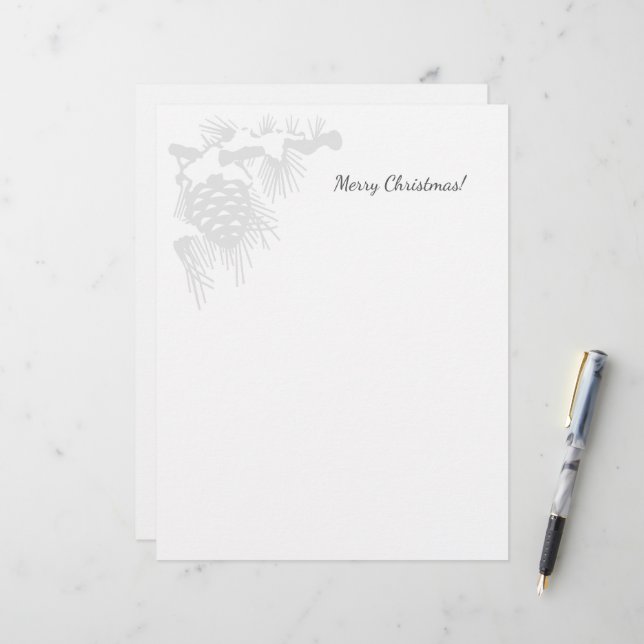 Kerstbriefpapier met besneeuwde pijnboomkegel logo briefhoofd (Voorkant / Achterkant in situ)