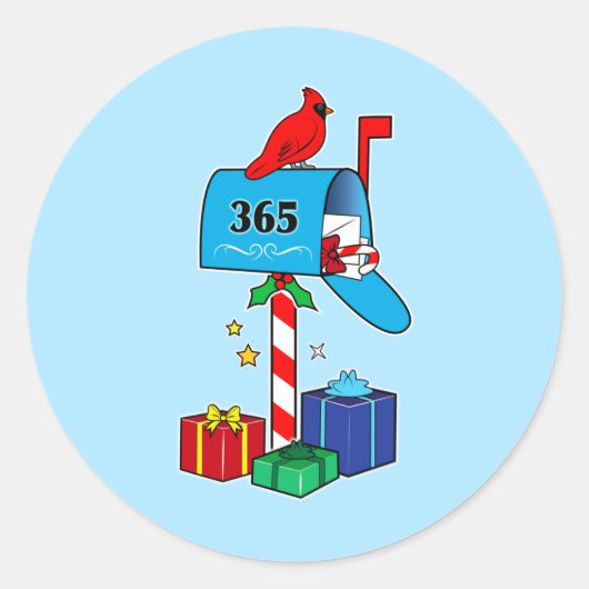 Kerstbrievenbus met kardinaal en cadeaus ronde sticker (Voorkant)