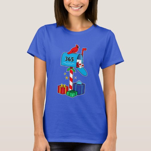 Kerstbrievenbus met kardinaal en cadeaus T-shirt (Voorkant)