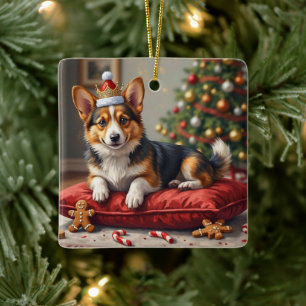 Kerstbrood Corgi-hond met Sinterklaaskroon Kunst Keramisch Ornament
