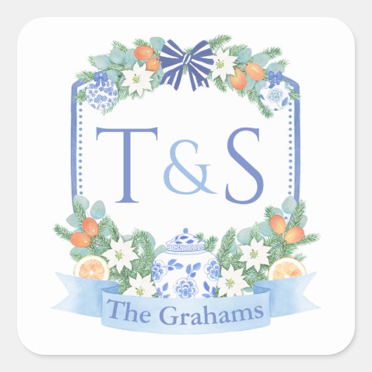Kerstbruiloft Botanische Monogram Crest Vierkante Sticker (Voorkant)