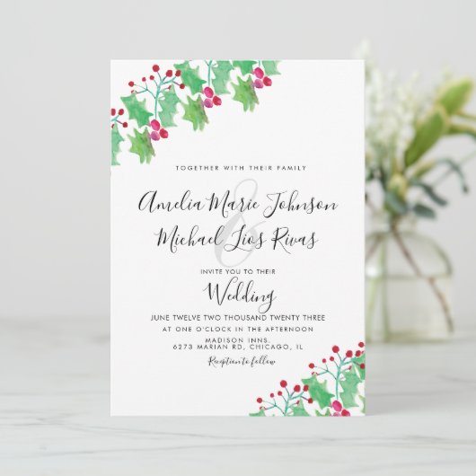 Kerstbruiloft Elegant Script Waterverf Berry Kaart (Staand voorkant)