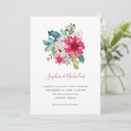 kerstbruiloft | Floral en Holly Berries Kaart (Staand voorkant)