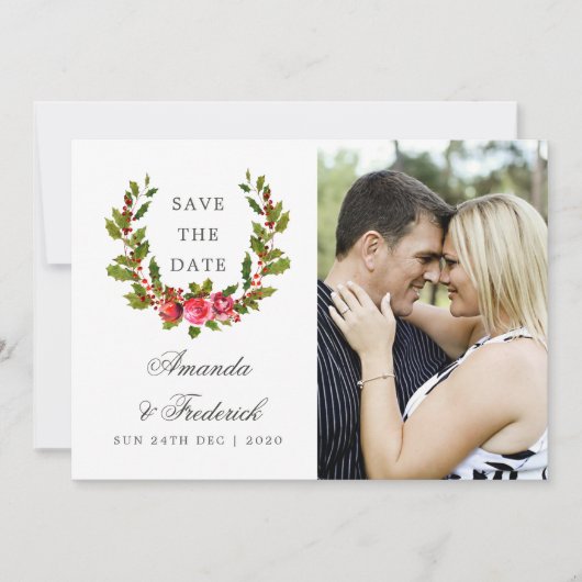 kerstbruiloft Floral Holly Sparen de foto van de D Save The Date (Voorkant)