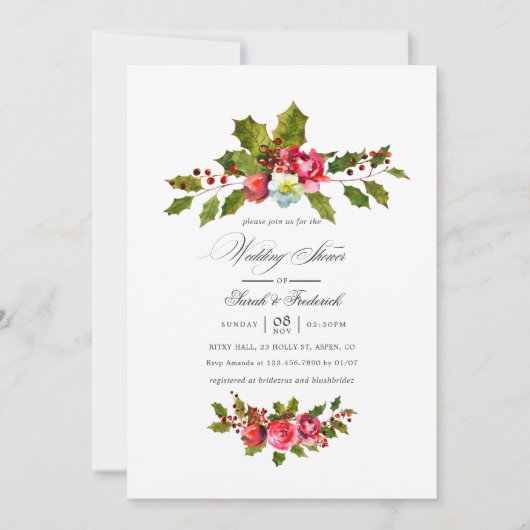 Kerstbruiloft - Floral Holly Uitnodiging (Voorkant)