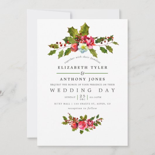 Kerstbruiloft Floral Holly Waterverf Invite Kaart (Voorkant)