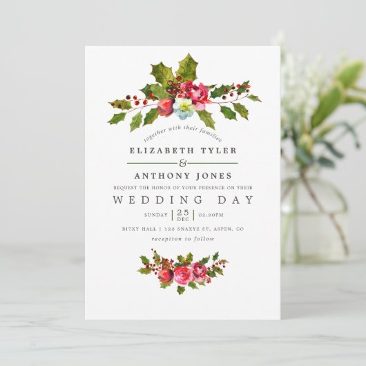 Kerstbruiloft Floral Holly Waterverf Invite Kaart (Staand voorkant)