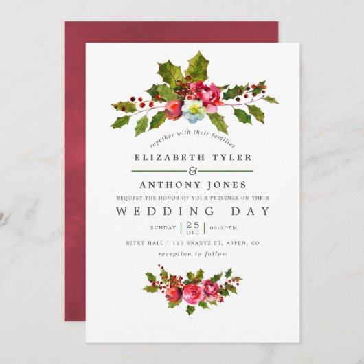 Kerstbruiloft Floral Holly Waterverf Invite Kaart (Voorkant / Achterkant)