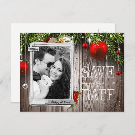 Kerstbruiloft Foto Save the Date Aankondigingskaart (Voorkant / Achterkant)