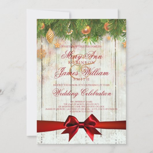 Kerstbruiloft Gold Decorations & Red Ribbon Kaart (Voorkant)