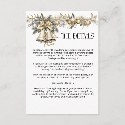 Kerstbruiloft Golden Holly Bells Details Informatiekaartje (Voorkant)