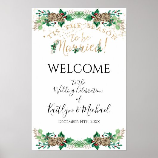 Kerstbruiloft Holly Gold Foliage Welkom Poster (Voorkant)