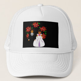 kerstbruiloft in witte ronde met wiet trucker pet