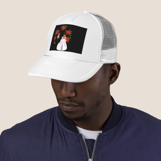 kerstbruiloft in witte ronde met wiet trucker pet (In situ)