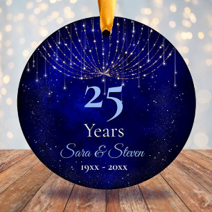 Kerstbruiloft jubileum blauwe zilveren glitter keramisch ornament