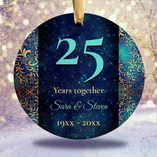 Kerstbruiloft jubileum turquoise goud keramisch ornament