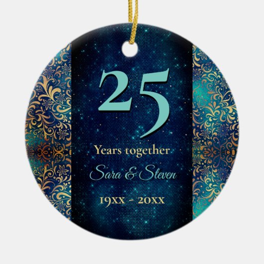 Kerstbruiloft jubileum turquoise goud keramisch ornament (Voorkant)