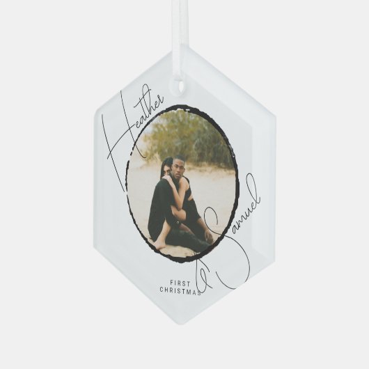 Kerstbruiloft Keepomwille Moderne scriptfoto Glas Ornament (Voorkant links)