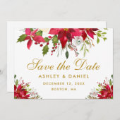 Kerstbruiloft Poinsettia Bloemen Goud Save The Date (Voorkant / Achterkant)
