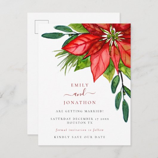 Kerstbruiloft Poinsettia Leaves Save the Date Aankondigingskaart (Voorkant / Achterkant)
