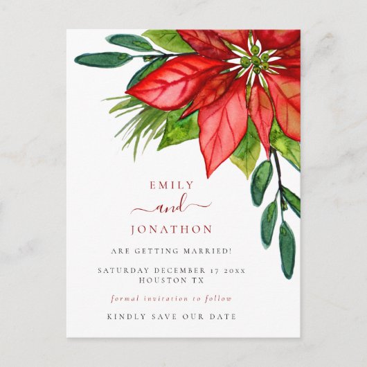 Kerstbruiloft Poinsettia Leaves Save the Date Aankondigingskaart (Voorkant)