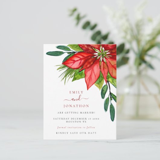 Kerstbruiloft Poinsettia Leaves Save the Date Aankondigingskaart (Staand voorkant)