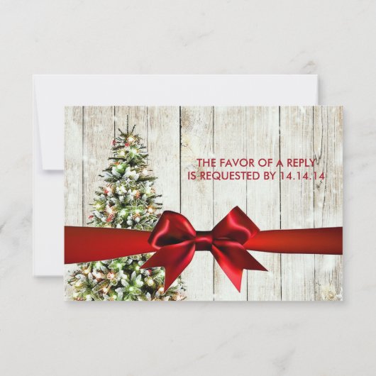 Kerstbruiloft RSVP-boom, lampjes en rood lintje RSVP Kaartje (Achterkant)