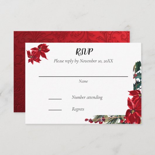 kerstbruiloft RSVP met Lijst van Poinsettia (Voorkant / Achterkant)
