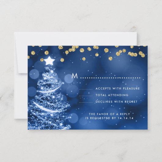 Kerstbruiloft RSVP Sparkle Tree Gold Blue (Voorkant)