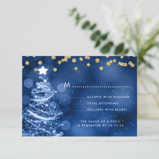 Kerstbruiloft RSVP Sparkle Tree Gold Blue (Staand voorkant)